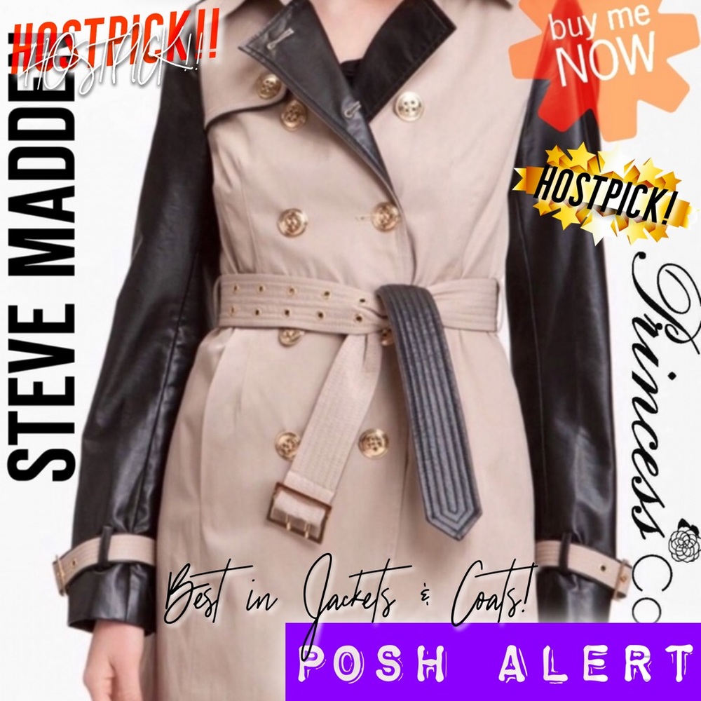 👑Steve Madden Black Leather & Taupe Trench Coat - Picture 2 of 8